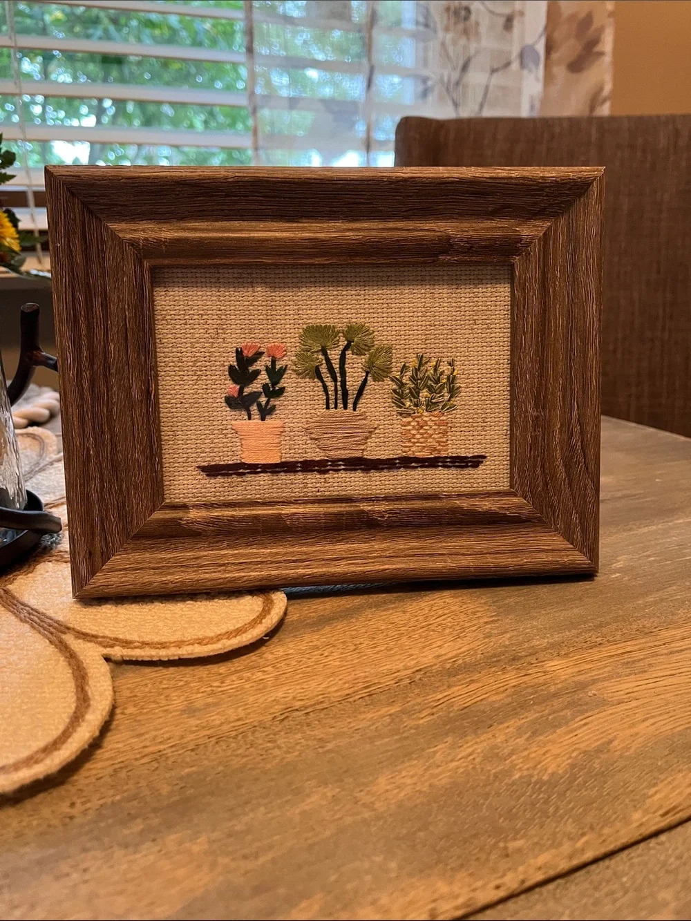 Rustic Brown Framed Embroidered Plant Art - Brown